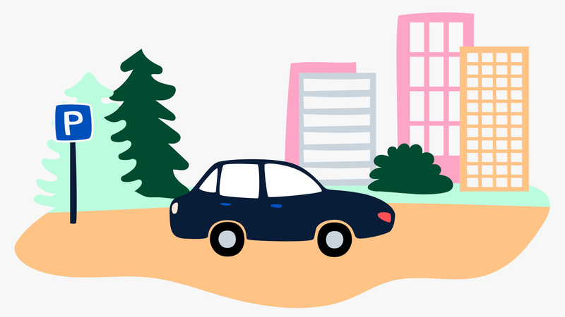 Henkilöauto pysäköitynä pysäköintialueelle, taustalla puita ja kerrostaloja, piirroskuva.