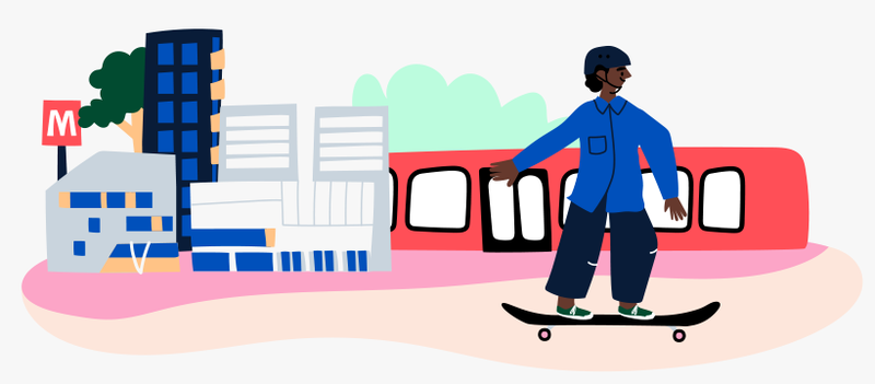 Nuori skeittaa kadulla, taustalla metro ja Matinkylän rakennuksia, piirroskuva.