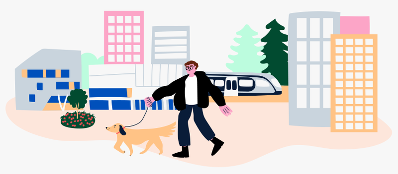 Ihminen kävelyttää koiraa, taustalla istutuksia, juna, kerrostaloja ja metsää, piirroskuva.