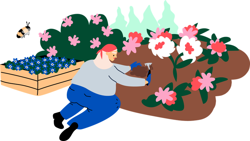Ihminen istuttaa kukkia, piirroskuva.