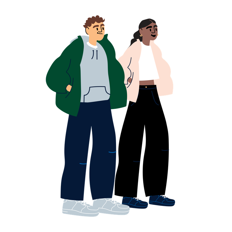 Kaksi nuorta seisoo vierekkäin kädet takin taskuissa, piirroskuva.