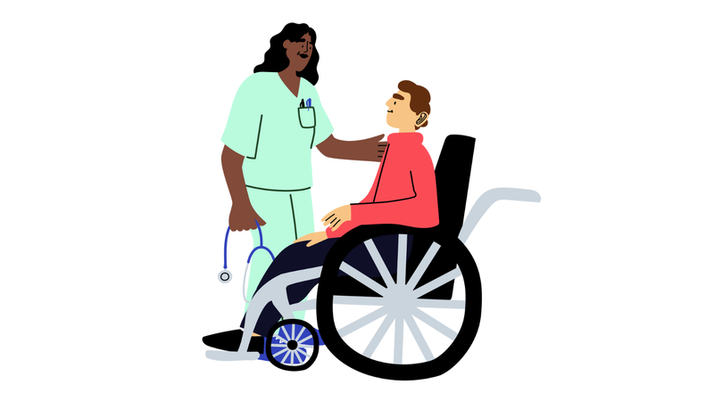 Sairaanhoitaja kumartuu pyörätuolissa istuvan potilaan puoleen stetoskooppi kädessään, piirroskuva.
