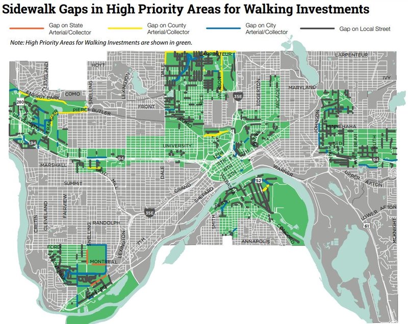 Sidewalk Gaps in High Priority Areas for Walking Investments