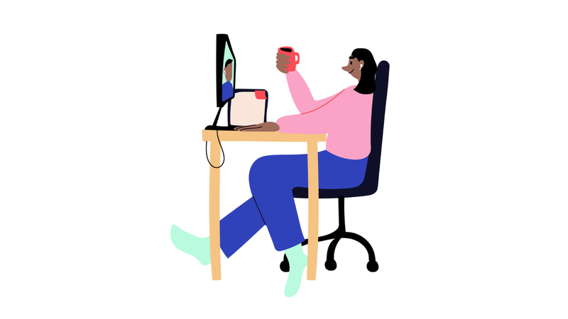 Ihminen istuu videopuhelussa pöytätietokoneen ääressä kahvikuppi kädessään, piirroskuva.