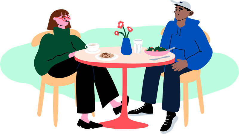 Kaksi ihmistä kahvilassa juomassa kahvia ja syömässä korvapuustia ja salaattia, piirroskuva.